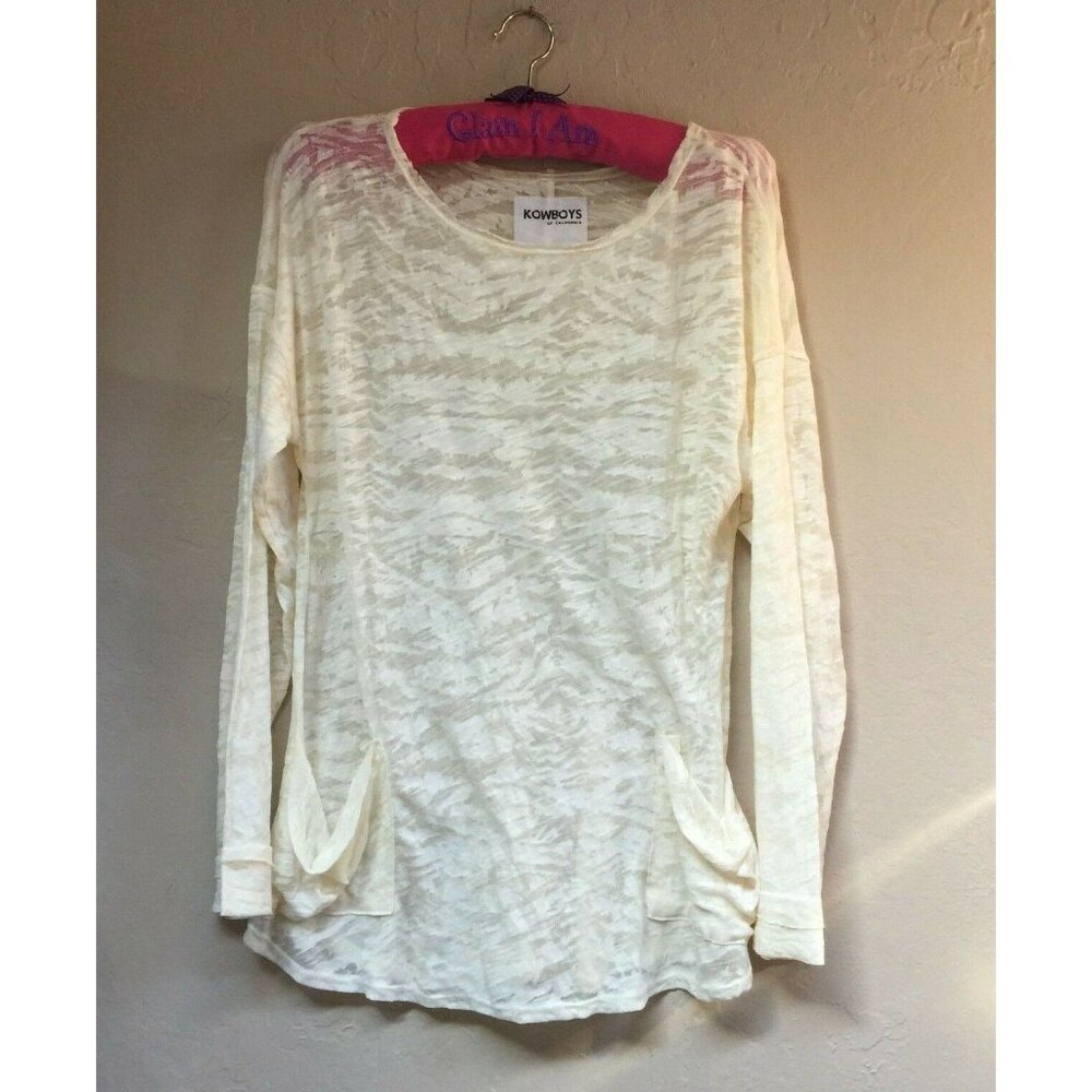 Kowboys of California Womens Semi-Sheer Knit Long Sleeve Top Large Cream Pockets